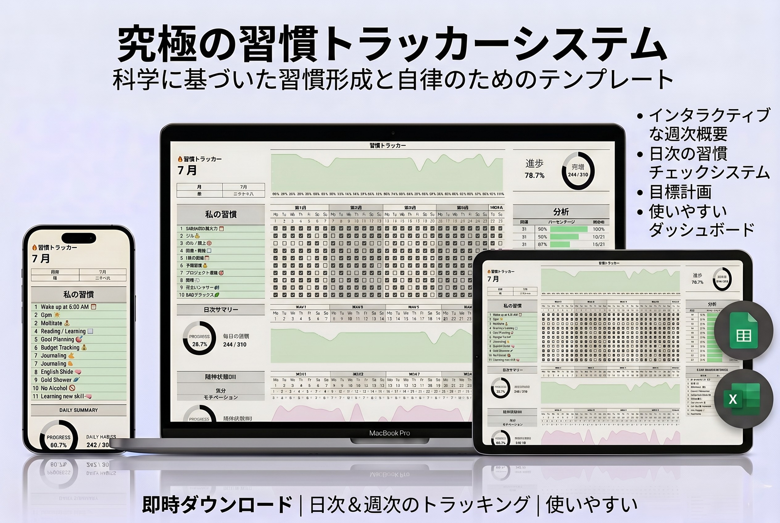 Excel・Google Sheets用 習慣トラッカー